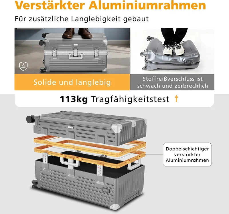 ALPHA CAMP Koffer XXL Aluminium Rahmen & Polycarbonat Hartschale mit TSA Schloss Reisekoffer 43x36x8