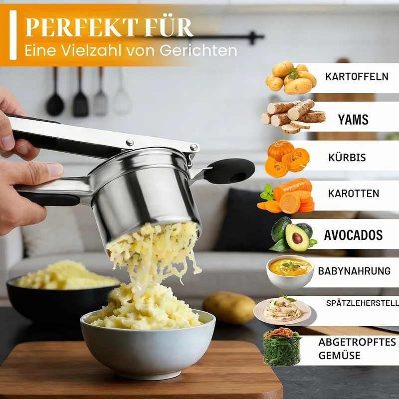 Kartoffelpresse Edelstahl mit 4 Scheiben & Schäler Set – Robuste Kartoffelquetsche für Kartoffelpüre