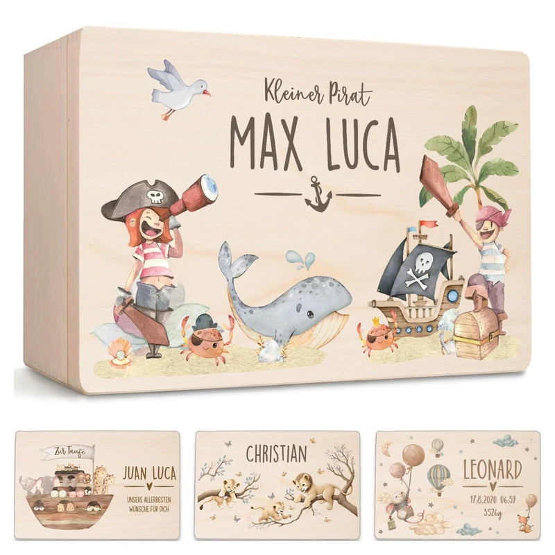 Little Deco Baby Erinnerungsbox Kleiner Pirat Holzkiste personalisiert | 40 x 30 x 22 cm | Erinnerun