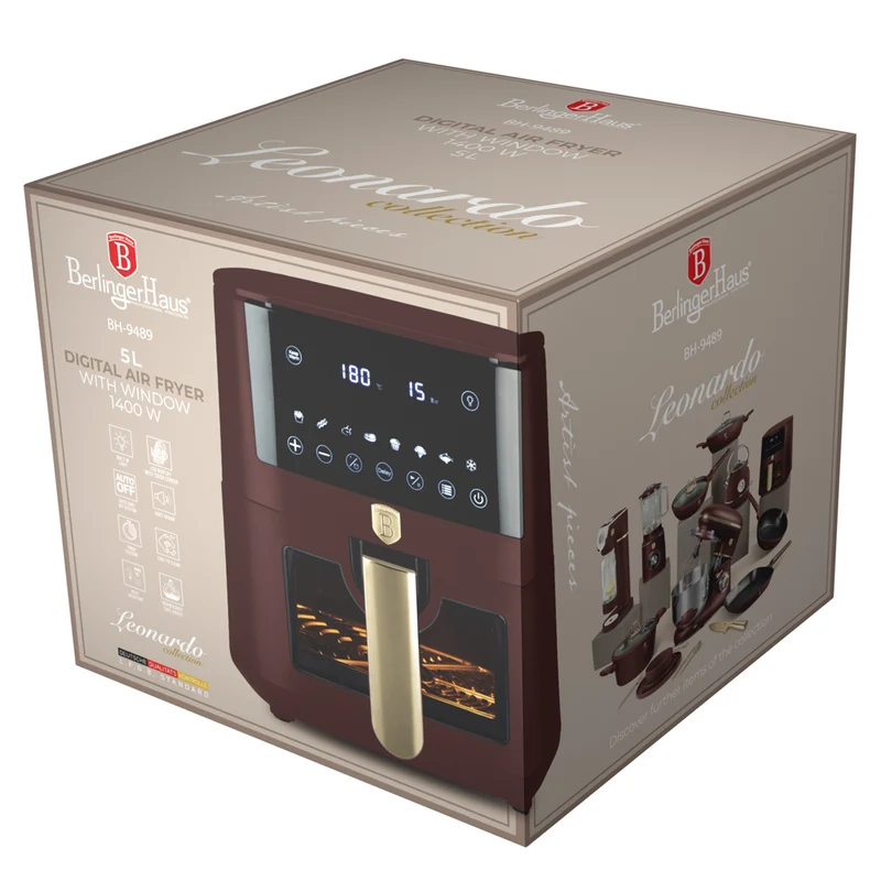 BerlingerHaus Heißluftfritteuse XL Matt Bordeaux - mit Sichtfenster - 5 Liter - 1400W