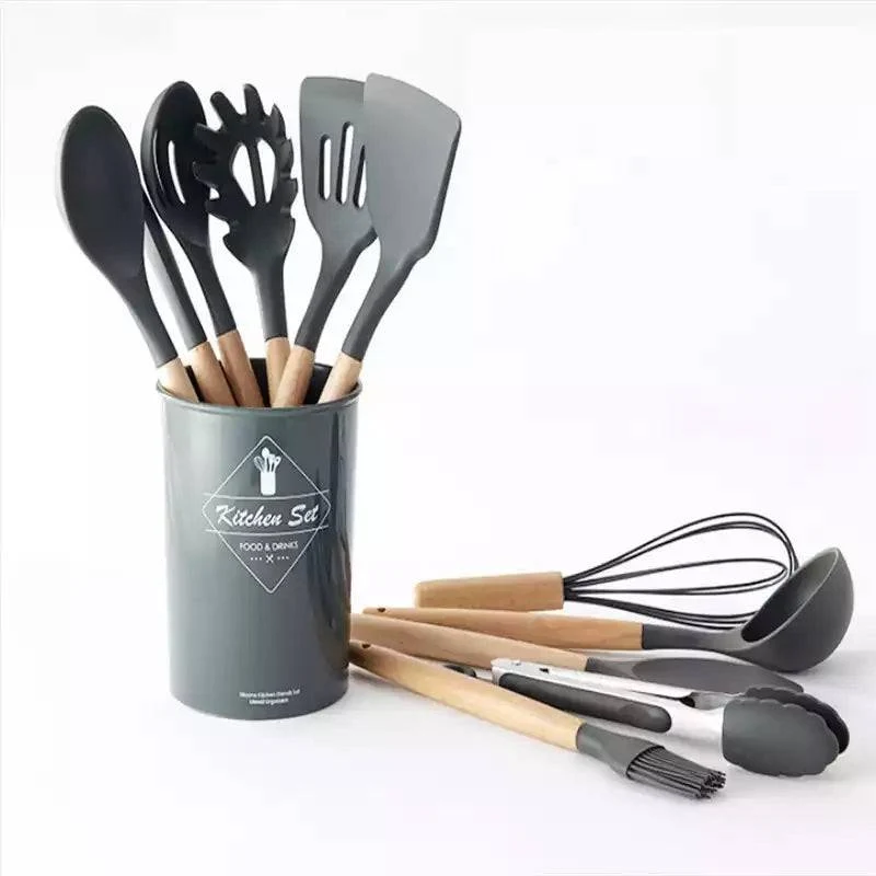 Silicone Utensil Set with Wooden Handle Grey Colour