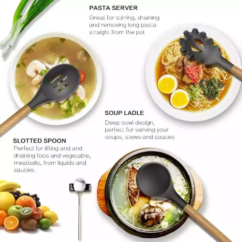 Silicone Utensil Set with Wooden Handle Grey Colour
