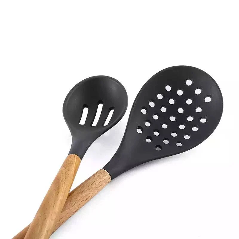 Silicone Utensil Set with Wooden Handle Grey Colour