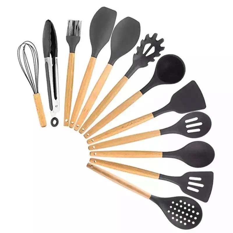 Silicone Utensil Set with Wooden Handle Grey Colour