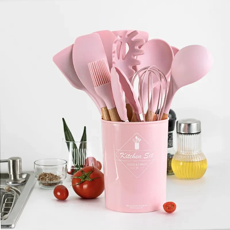 12PCS Silicone Utensil Set with Wooden Handle - Pink