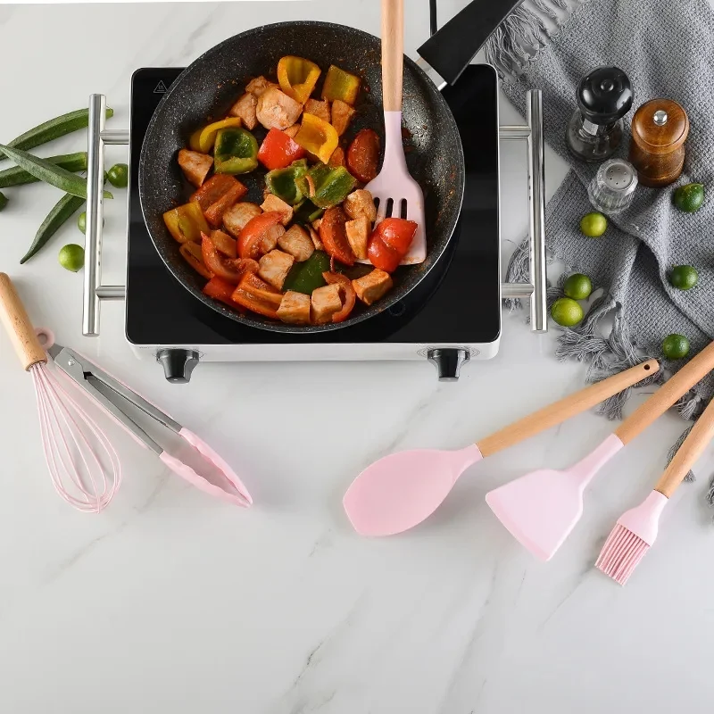 12PCS Silicone Utensil Set with Wooden Handle - Pink