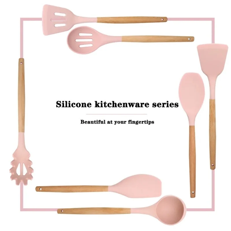 12PCS Silicone Utensil Set with Wooden Handle - Pink