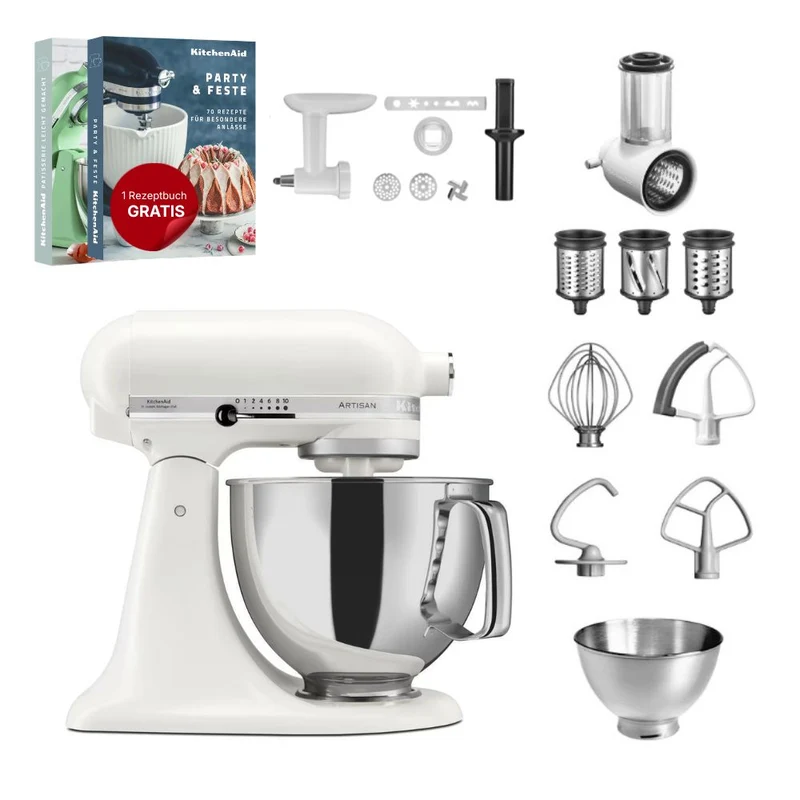 KitchenAid 4,8 L 5KSM175 Artisan Küchenmaschine Allrounderset mit Gemüseschneider+Fleischwolf+Spritzgebäckvorsatz