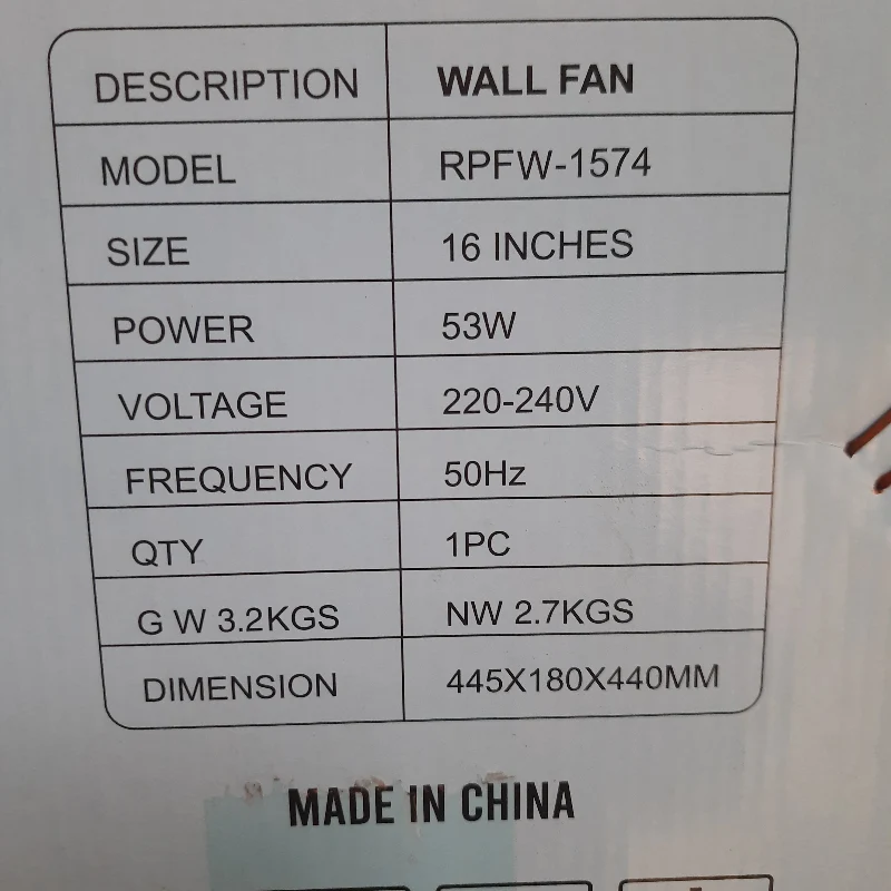 Richpower 16" Mechanical Wall Fan (RPFW-1574) with 90° Oscillation