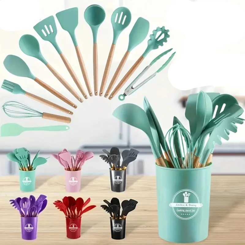 12-Piece Mini Silicone Kitchen Utensil Set with Wooden Handle
