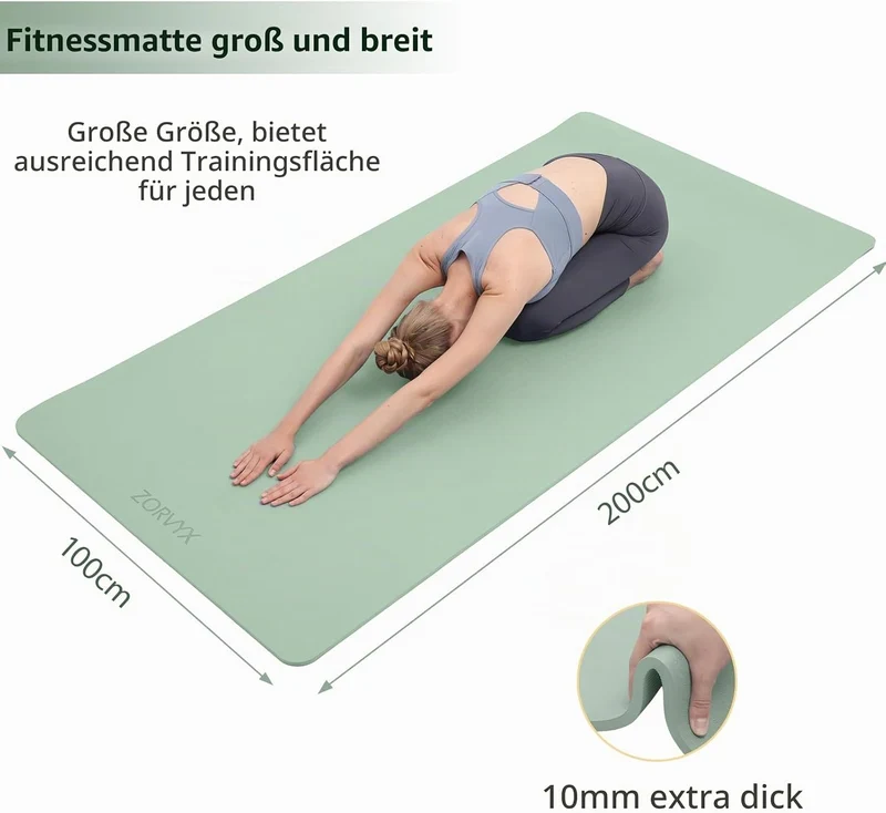 Yogamatte Dicke XXL 200×100cm TPE 10mm Dick Sportmatte Rutschfest Bequem für Zuhause und Freien, Fit