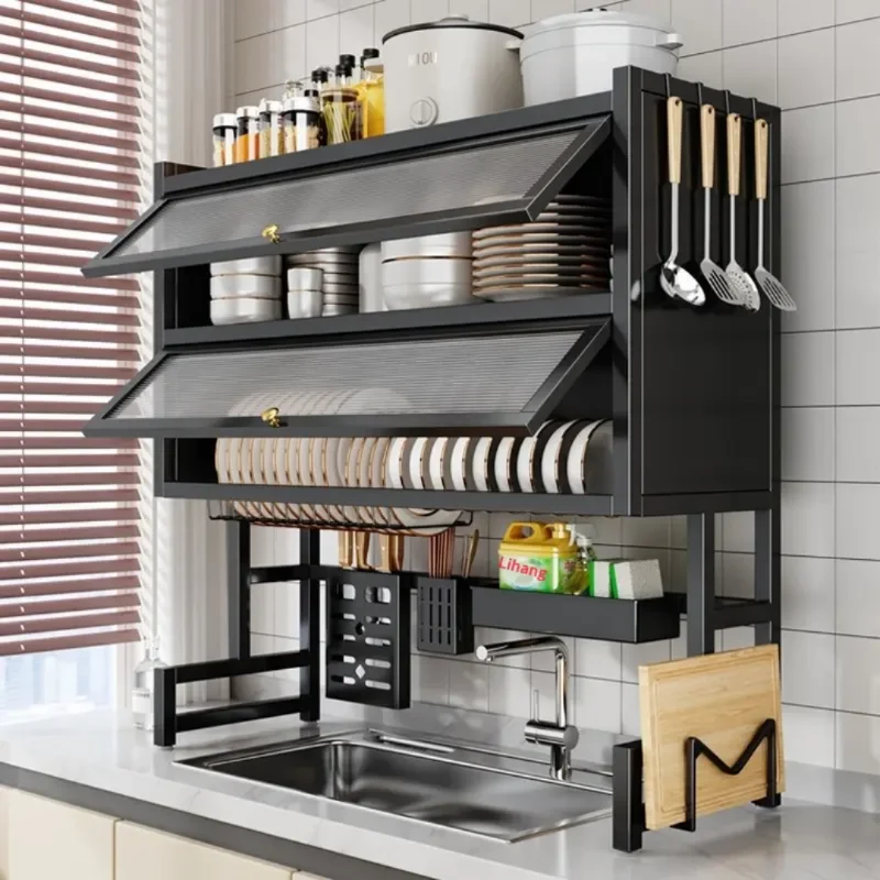 Premium Over-the-Sink Dish Drying Rack with Double Doors & Accessory Hooks