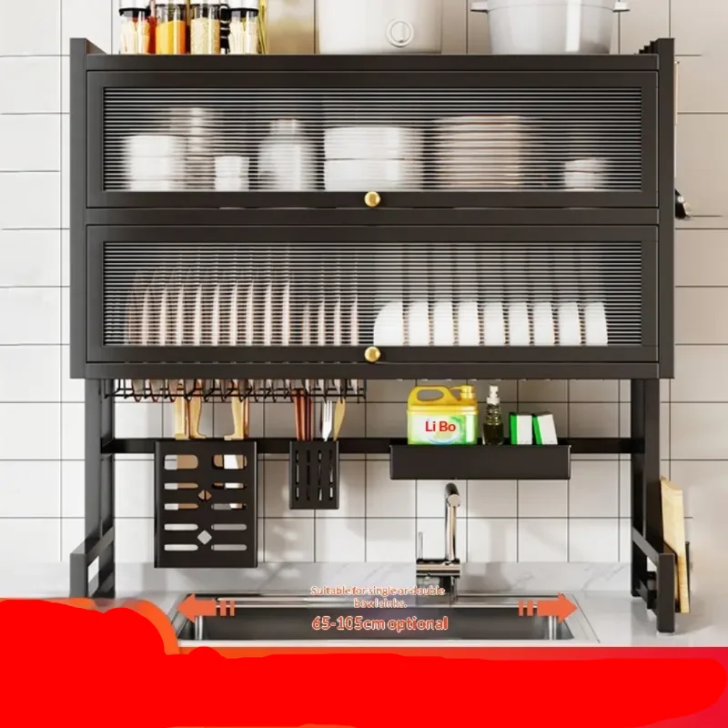 Premium Over-the-Sink Dish Drying Rack with Double Doors & Accessory Hooks