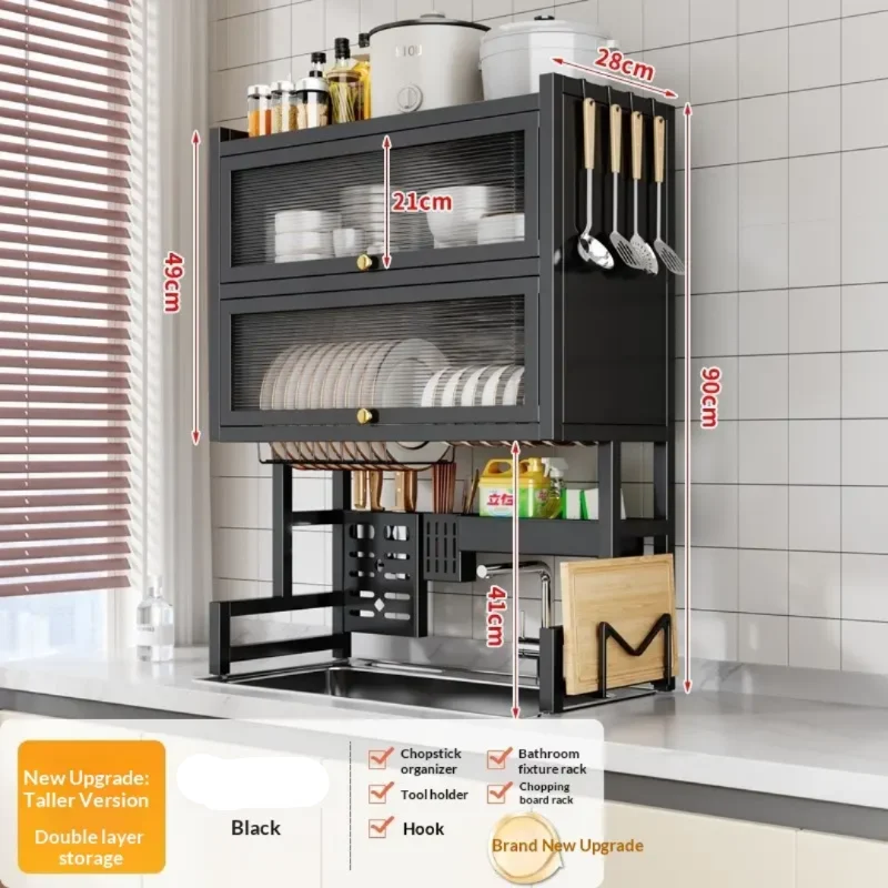 Premium Over-the-Sink Dish Drying Rack with Double Doors & Accessory Hooks