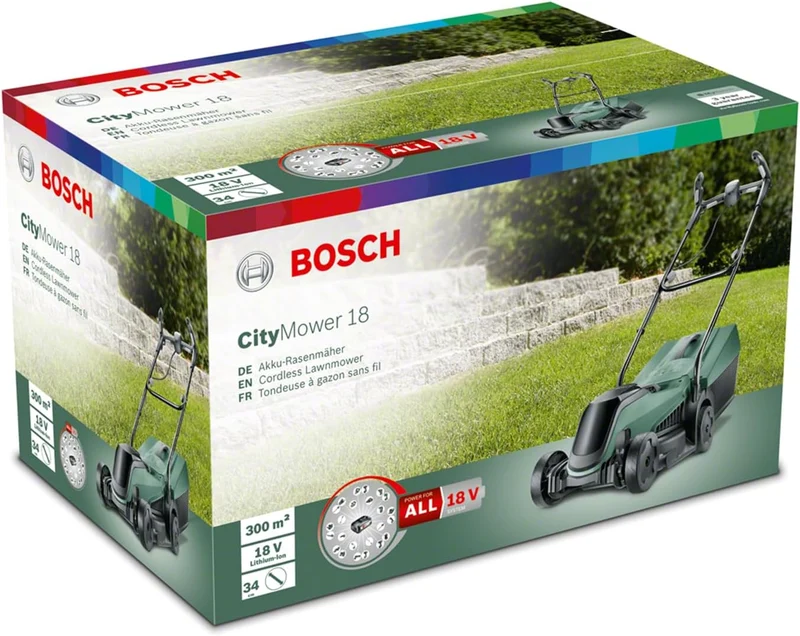 Bosch Home and Garden Akku-Rasenmäher CityMower 18 (18 Volt, 1 Akku 4,0 Ah, Schnittbreite: 32 cm, Ra