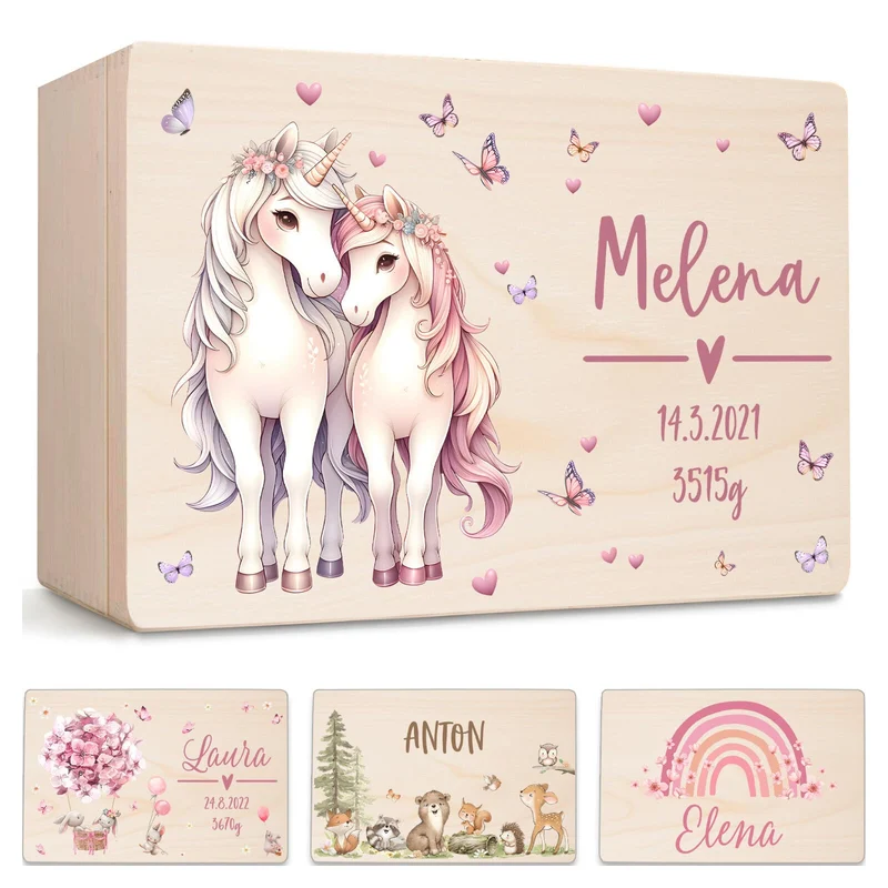 Little Deco Personalisierte Holzkiste Baby Erinnerungskiste | M - 30 x 20 x 13 cm | Pferde Geschenk