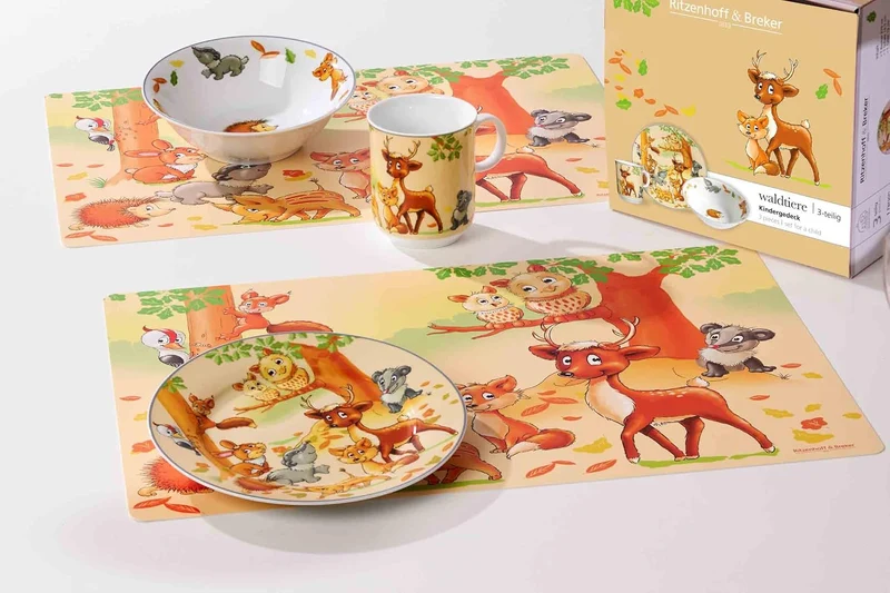 Ritzenhoff & Breker Kindergeschirr Set mit Platzset Waldtiere, 4-teilig, Bunt, Schale Becher Teller