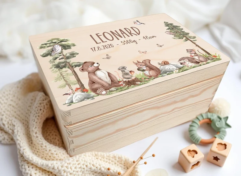 Little Deco Baby Erinnerungsbox personalisiert Waldtiere | 30 x 20 x 13 cm | Taufgeschenk Erinnerung