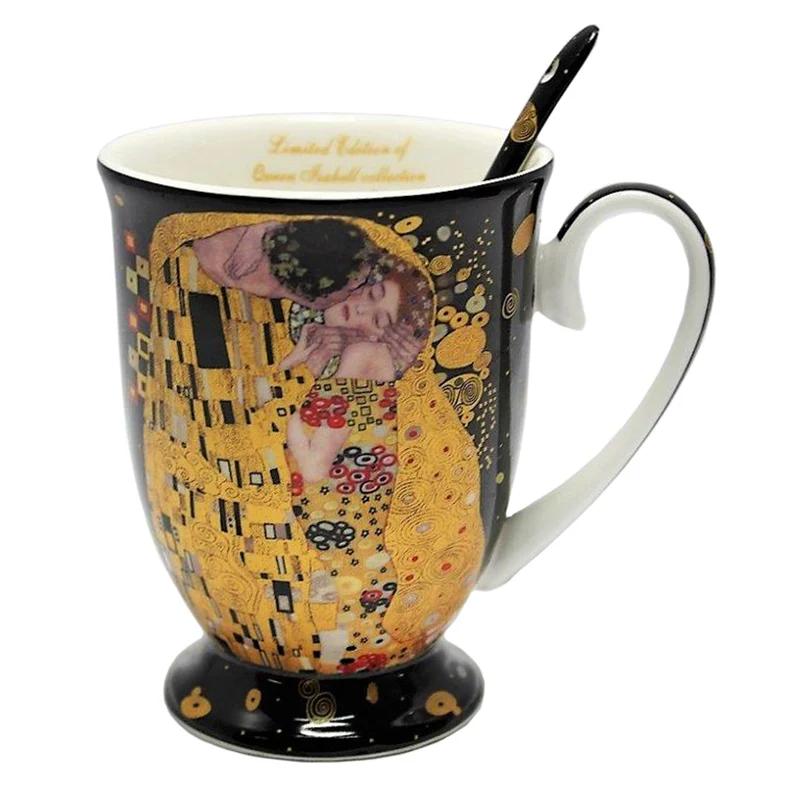 Porcelain mug with spoon Queen Isabel, spoon, Klimt motif Kiss, 300ml, W9KL338-09121