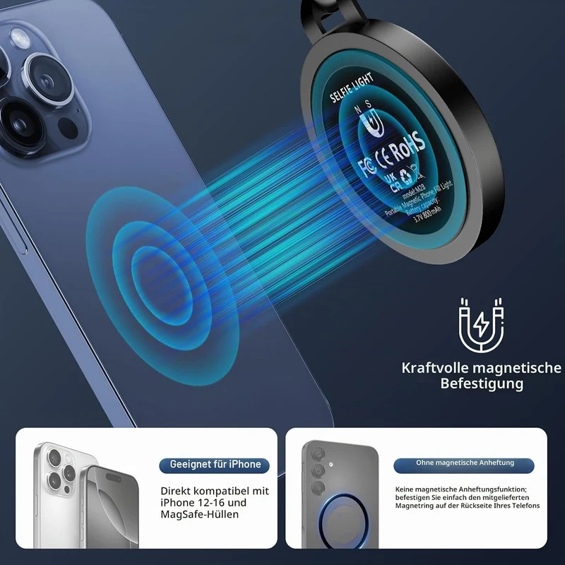 Magnetisches Selfie Licht 3 Modu Mini LED Handy 3-in-1 Magnetische Selfie Licht Kompatibel, Farbtemp