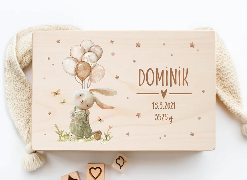 Little Deco Personalisierte Erinnerungskiste Baby mit Hase & Ballons Erinnerungsbox | L - 40 x 30 x