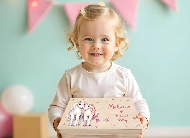 Little Deco Personalisierte Holzkiste Baby Erinnerungskiste | L - 40 x 30 x 22 cm | Pferde Geschenk