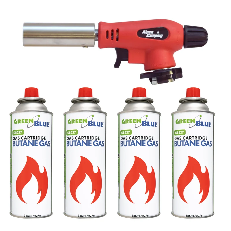 Alpen Camping cartridge burner, 360° rotation, flame temperature 1300°C, piezo ignition, OLIMP + 4x 227g GreenBlue gas cartridges. Certification: Pi 0875, compliant with EN417