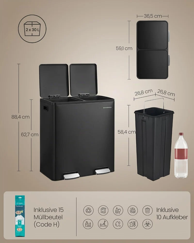 SONGMICS Mülleimer Küche, 2 x 30 L, Mülltrennsystem 2 Fächer, Abfalleimer mit 15 Müllbeuteln, Tretmü