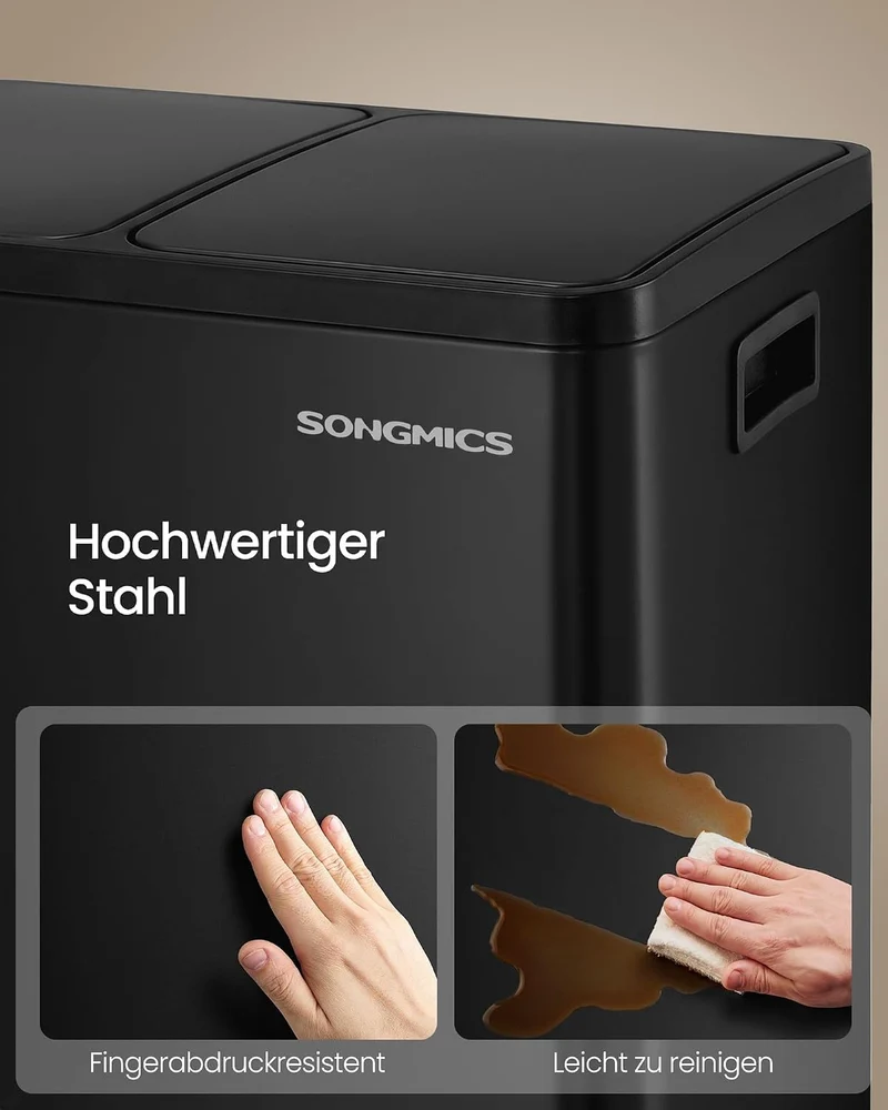 SONGMICS Mülleimer Küche, 2 x 30 L, Mülltrennsystem 2 Fächer, Abfalleimer mit 15 Müllbeuteln, Tretmü