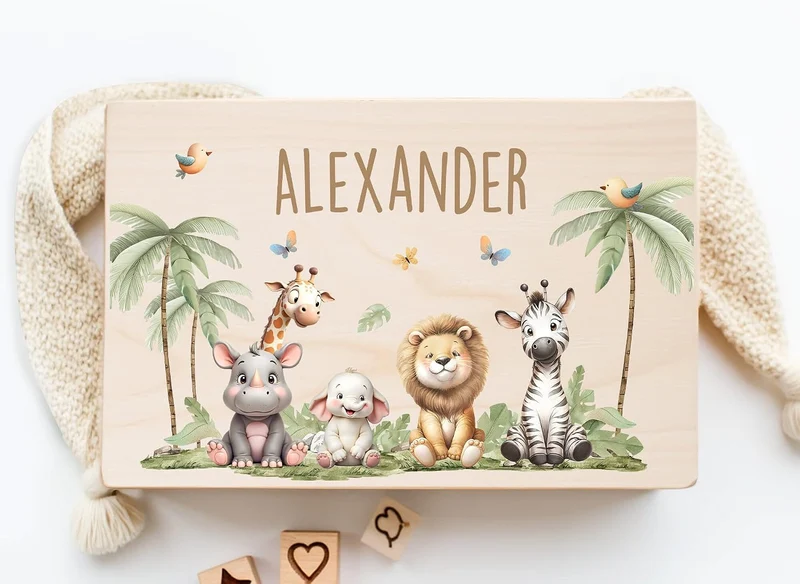 Little Deco Erinnerungskiste Personalisierte Baby Holzkiste | L - 40 x 30 x 20 cm | Safaritiere Gesc