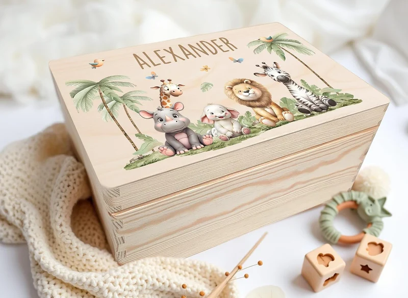 Little Deco Erinnerungskiste Personalisierte Baby Holzkiste | L - 40 x 30 x 20 cm | Safaritiere Gesc