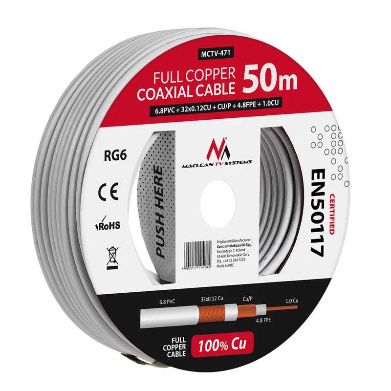 Maclean MCTV-471 Cable coaxial cable RG6 50M 1.02CU + 4.8FPE + CU / P + 32 * 0.12CU + 6.8PVC
