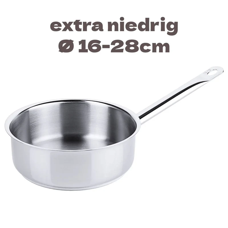 Edelstahl Stielkasserolle extra niedrig Ø 16-28cm Serie 2000 Schüttrand Rohrgriff