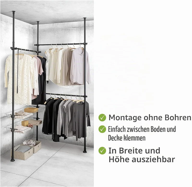 WENKO Teleskop-System Herkules Duo, verstellbares Ordnungssystem, 3 Kleiderstangen & Kleiderstange H
