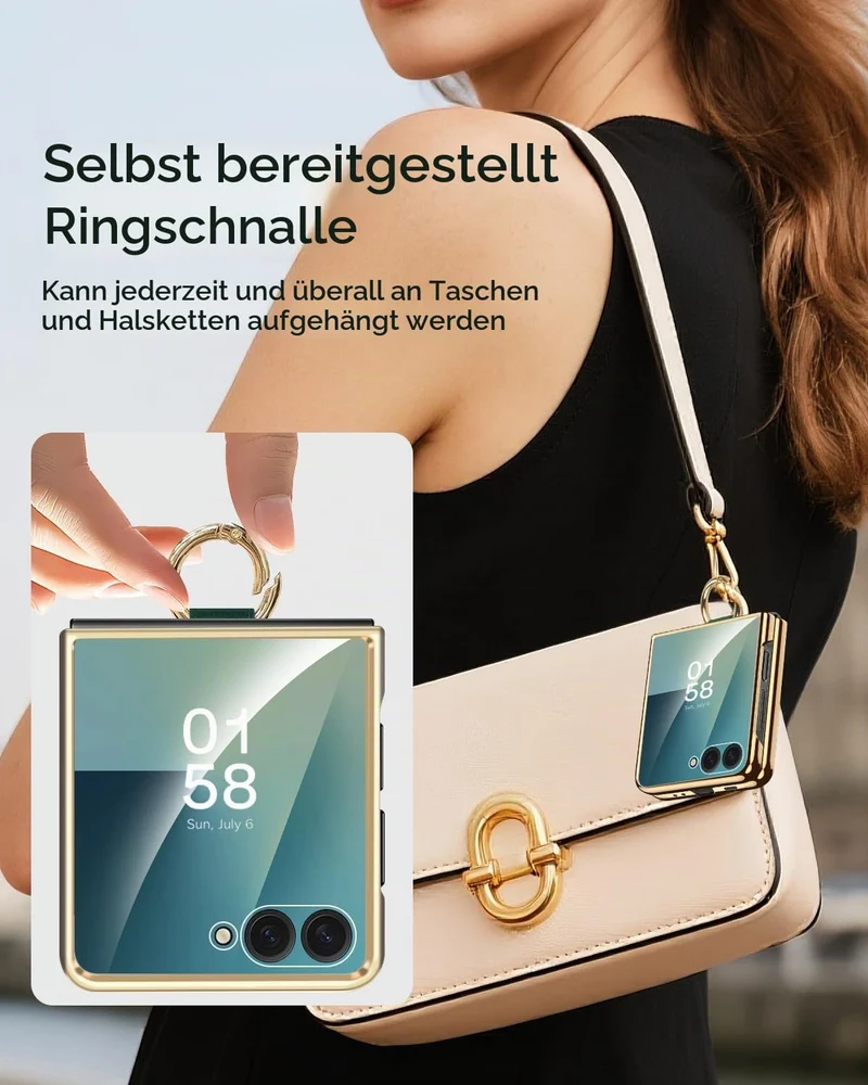 Miimall Lederhülle Kompatibel mit Samsung Galaxy Z Flip 7 Hülle mit Ring Ständer & Kameraschutz [Lux