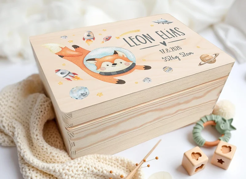 Little Deco Erinnerungsbox Baby Weltall Holzkiste personalisiert | 30 x 20 x 13 cm | Erinnerungskist