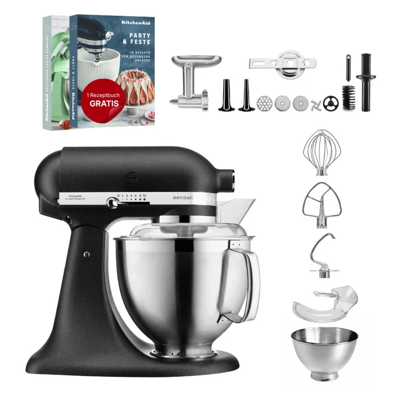 KitchenAid 4,8 L 5KSM185 Artisan Küchenmaschine Meatlover Metallfleischwolf 5KSMMGA Gr. 8 und Spritzgebäckvorsatz