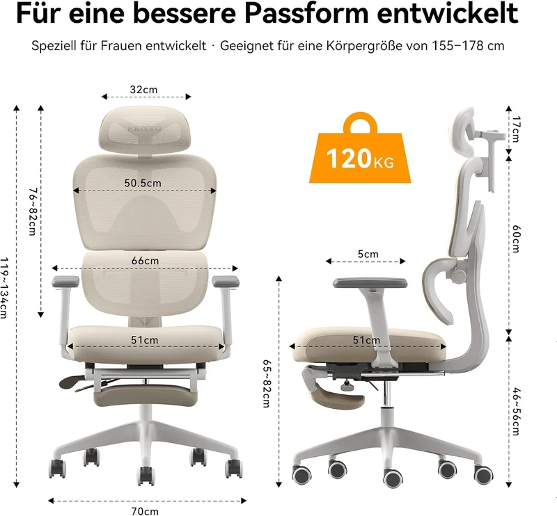 MUSSO E600SE Ergonomischer Bürostuhl, 3-stufig verstellbare Lendenwirbelsäule 3D-verstellbare Armleh
