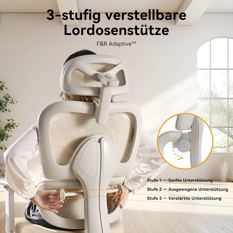 MUSSO E600SE Ergonomischer Bürostuhl, 3-stufig verstellbare Lendenwirbelsäule 3D-verstellbare Armleh