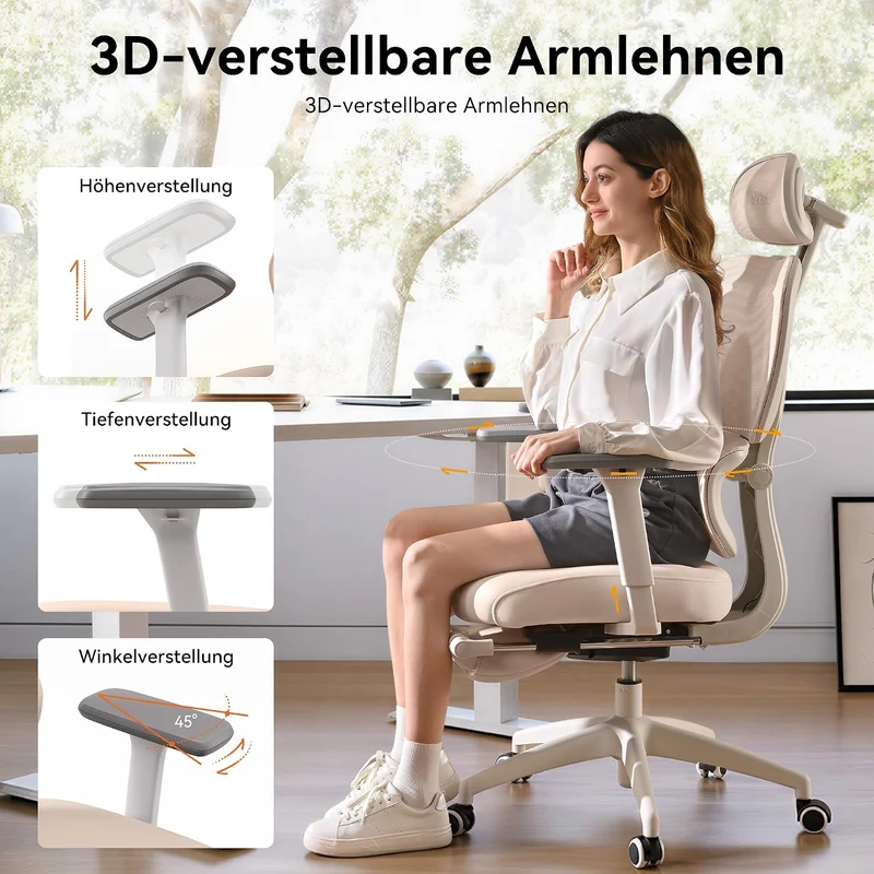 MUSSO E600SE Ergonomischer Bürostuhl, 3-stufig verstellbare Lendenwirbelsäule 3D-verstellbare Armleh