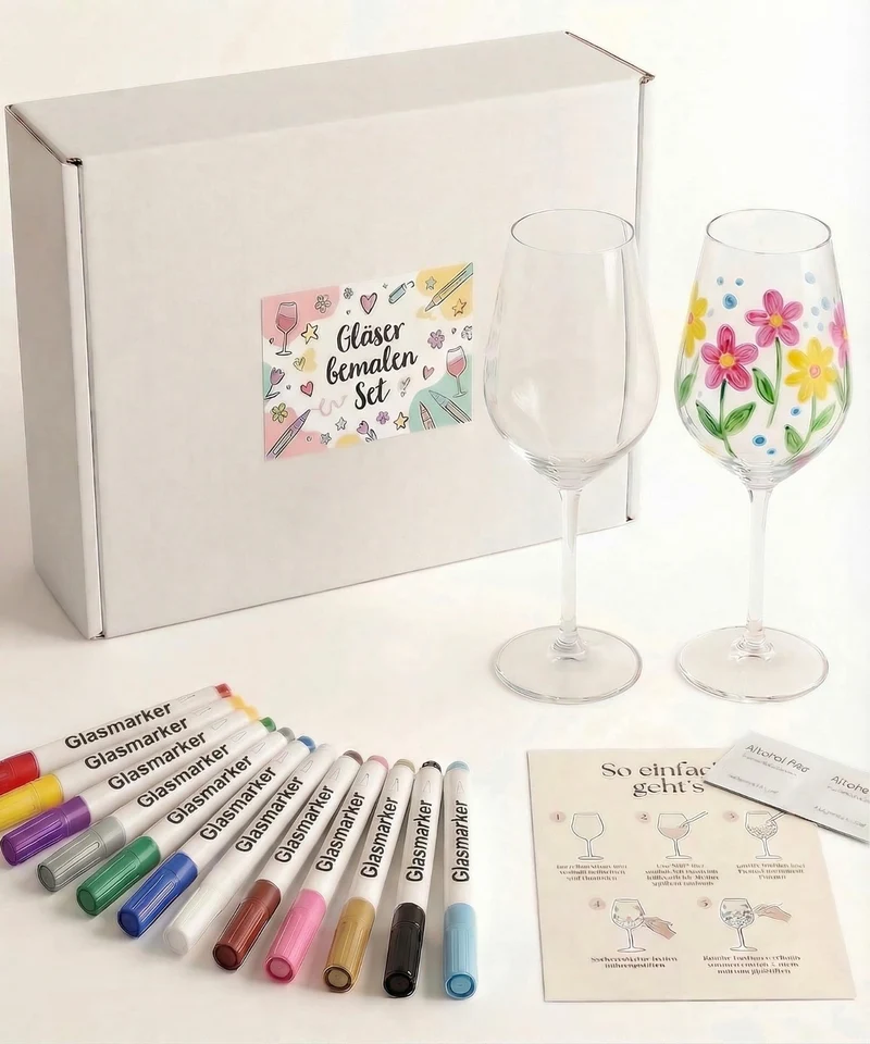 Breezio Weingläser Bemalen Set – 2 Gläser mit 12 Glasmalstiften & Anleitung | Gläser Bemalen Set für