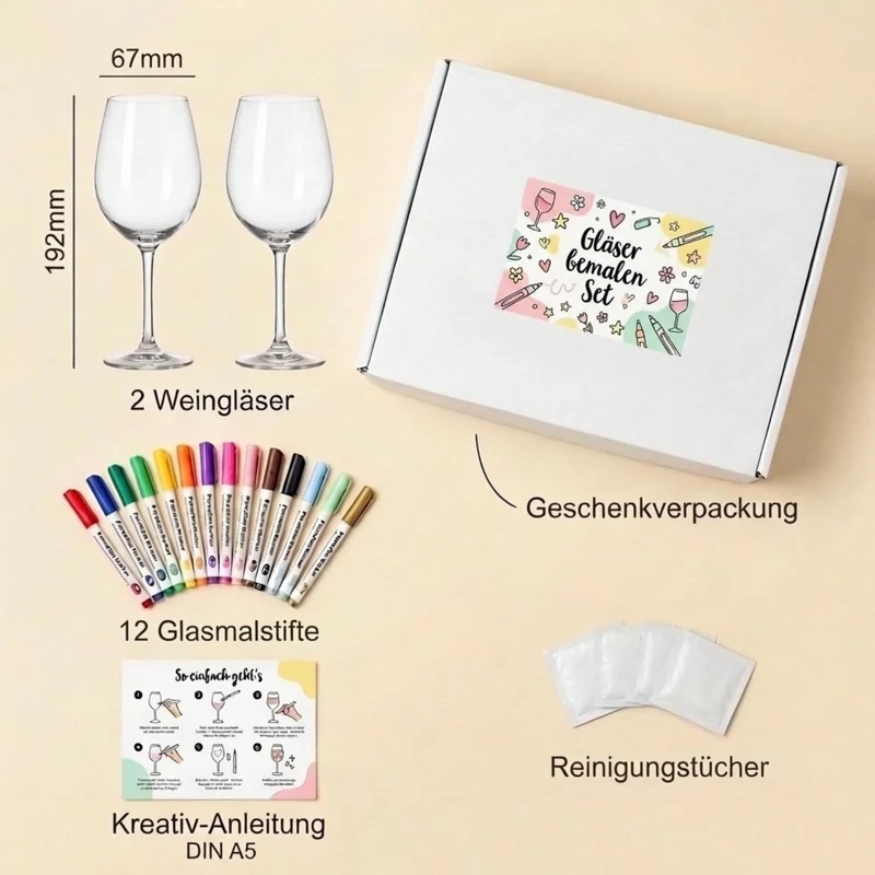 Breezio Weingläser Bemalen Set – 2 Gläser mit 12 Glasmalstiften & Anleitung | Gläser Bemalen Set für