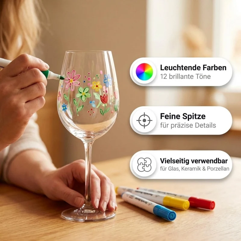 Breezio Weingläser Bemalen Set – 2 Gläser mit 12 Glasmalstiften & Anleitung | Gläser Bemalen Set für