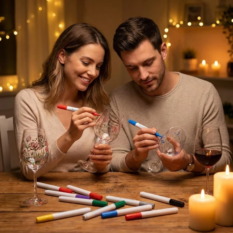 Breezio Weingläser Bemalen Set – 2 Gläser mit 12 Glasmalstiften & Anleitung | Gläser Bemalen Set für