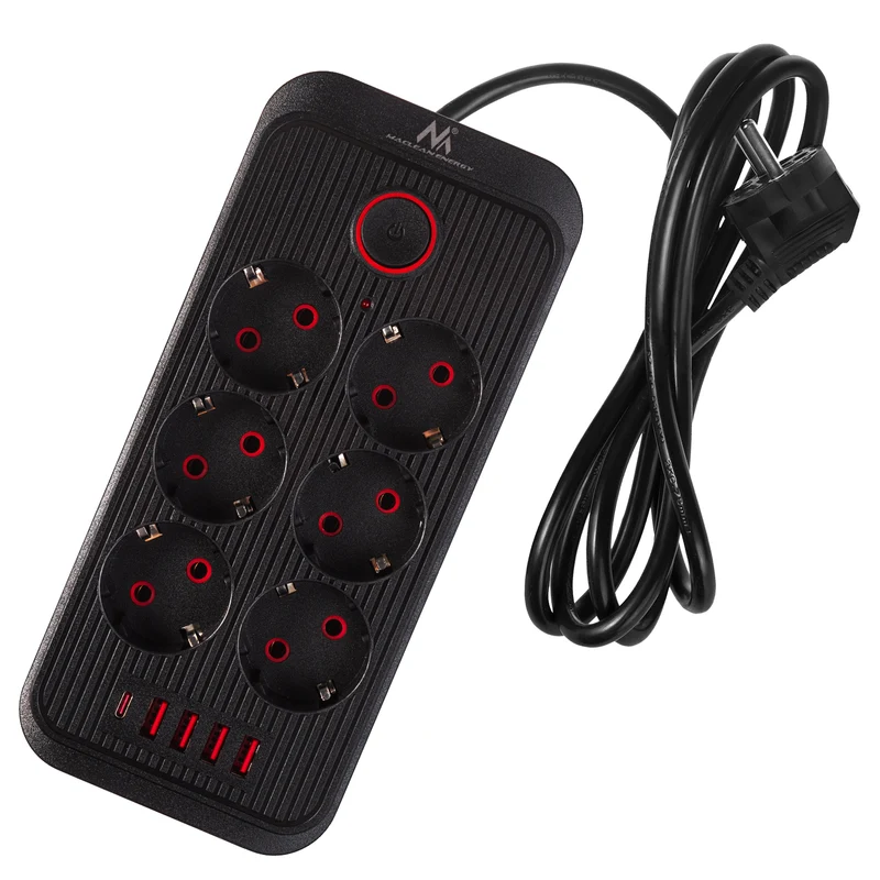 Maclean power strip, 6 socket extension + 4xUSB, 110-240V AC 50/60Hz, 2.1A max 2500W, 1.5 m, black, MCE389 B