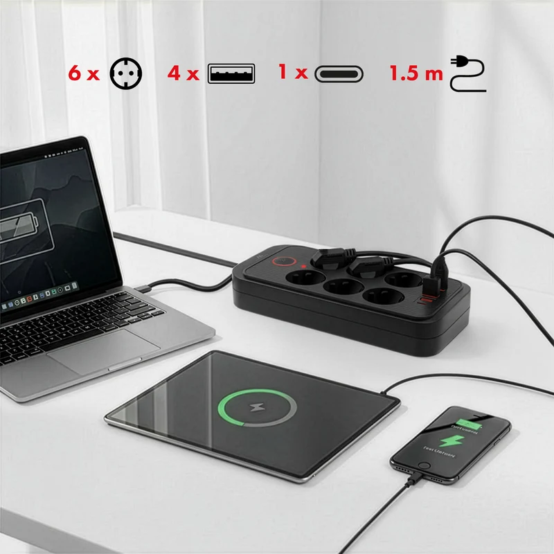Maclean power strip, 6 socket extension + 4xUSB, 110-240V AC 50/60Hz, 2.1A max 2500W, 1.5 m, black, MCE389 B
