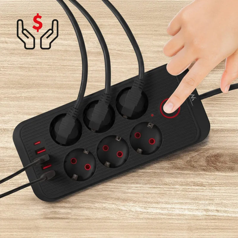 Maclean power strip, 6 socket extension + 4xUSB, 110-240V AC 50/60Hz, 2.1A max 2500W, 1.5 m, black, MCE389 B