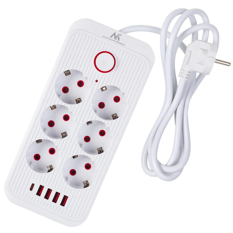 Maclean power strip, 6 socket extension + 4xUSB, 110-240V AC 50/60Hz, 2.1A max 2500W, 1.5 m, white, MCE389 W
