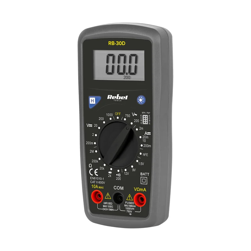 The Rebel Tools RB-30D universal meter includes test leads