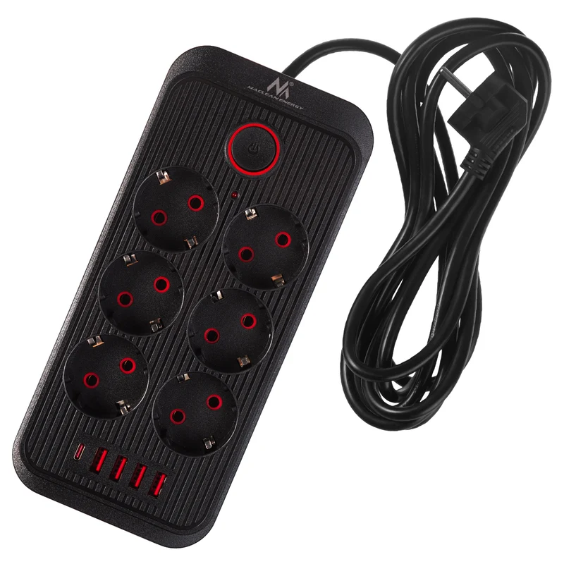 Maclean power strip, 6 socket extension + 4xUSB, 110-240V AC 50/60Hz, 2.1A max 2500W, 3m, black, MCE391 B